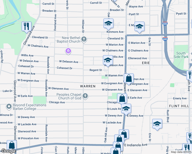 map of restaurants, bars, coffee shops, grocery stores, and more near 153 West Warren Avenue in Youngstown