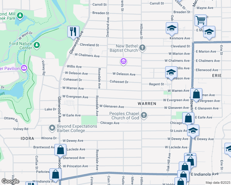 map of restaurants, bars, coffee shops, grocery stores, and more near 383 West Evergreen Avenue in Youngstown