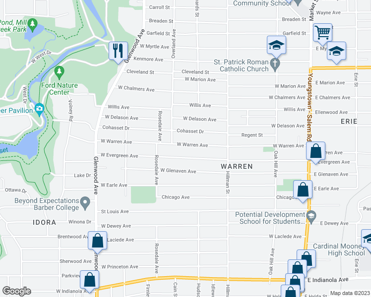 map of restaurants, bars, coffee shops, grocery stores, and more near 383 West Evergreen Avenue in Youngstown