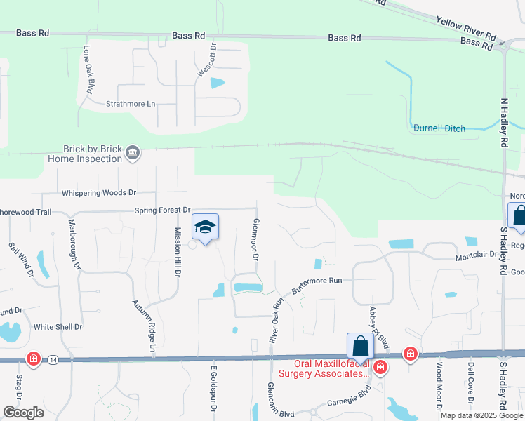 map of restaurants, bars, coffee shops, grocery stores, and more near 8233 Purple Sage Cove in Fort Wayne