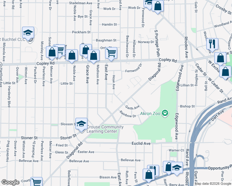 map of restaurants, bars, coffee shops, grocery stores, and more near 727 Garth Avenue in Akron