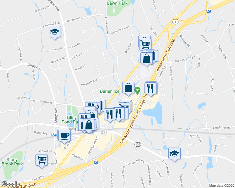 map of restaurants, bars, coffee shops, grocery stores, and more near 668 Post Road in Darien