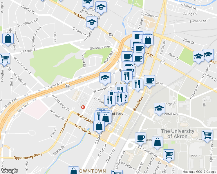 map of restaurants, bars, coffee shops, grocery stores, and more near W Bowery St & King Dr in Akron