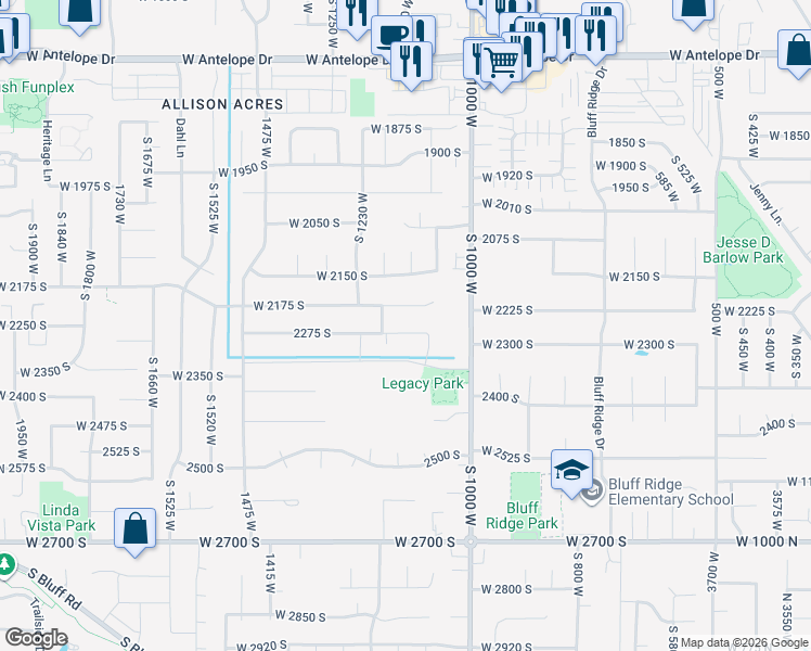 map of restaurants, bars, coffee shops, grocery stores, and more near 1134 West 2275 South in Syracuse