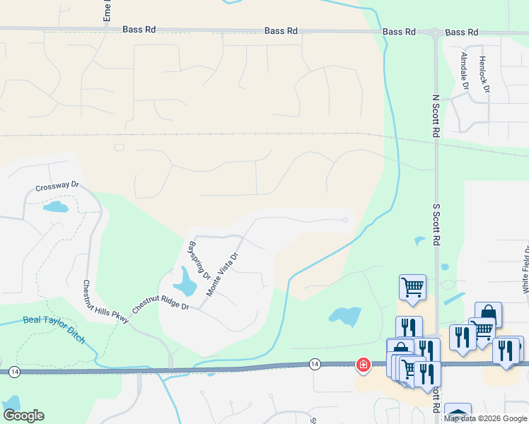 map of restaurants, bars, coffee shops, grocery stores, and more near 11116 Monte Vista Court in Fort Wayne