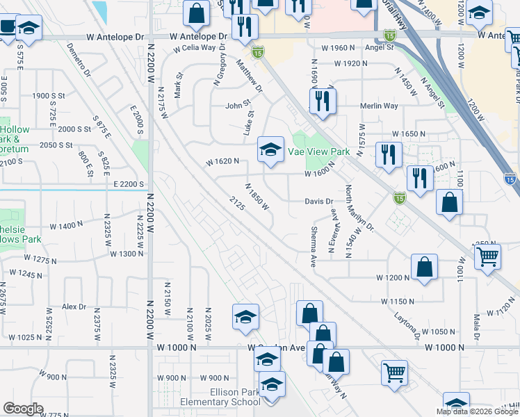 map of restaurants, bars, coffee shops, grocery stores, and more near 1421 North Celia Way in Layton