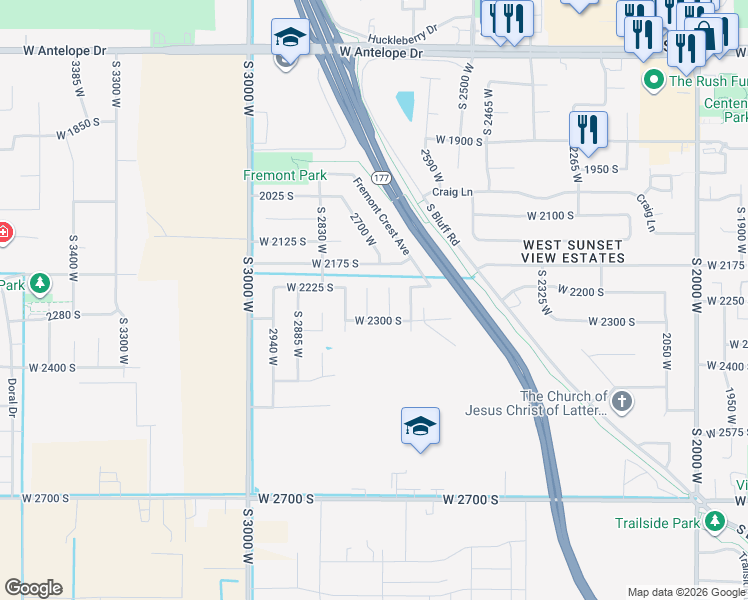 map of restaurants, bars, coffee shops, grocery stores, and more near 2255 South 2730 West in Syracuse