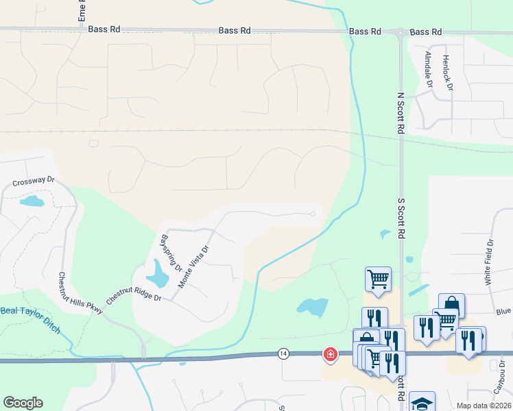 map of restaurants, bars, coffee shops, grocery stores, and more near 10906 Monte Vista Court in Fort Wayne