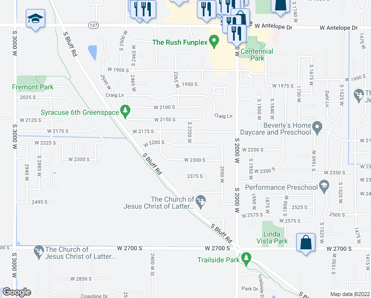 map of restaurants, bars, coffee shops, grocery stores, and more near 2215 West 2200 South in Syracuse
