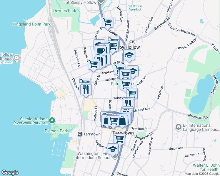 map of restaurants, bars, coffee shops, grocery stores, and more near 43 Wildey Street in Tarrytown