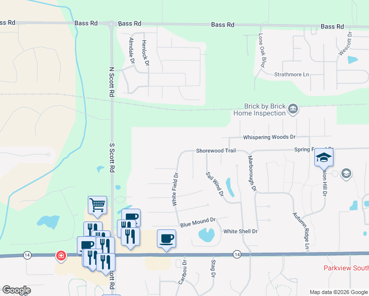 map of restaurants, bars, coffee shops, grocery stores, and more near 9722 Shorewood Trail in Fort Wayne