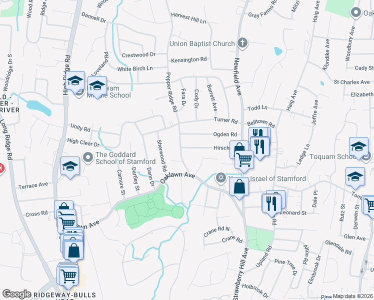 map of restaurants, bars, coffee shops, grocery stores, and more near 27 Pepper Ridge Road in Stamford