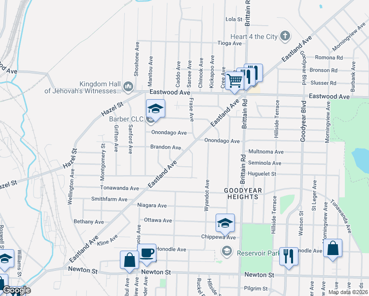 map of restaurants, bars, coffee shops, grocery stores, and more near 577 Eastland Avenue in Akron