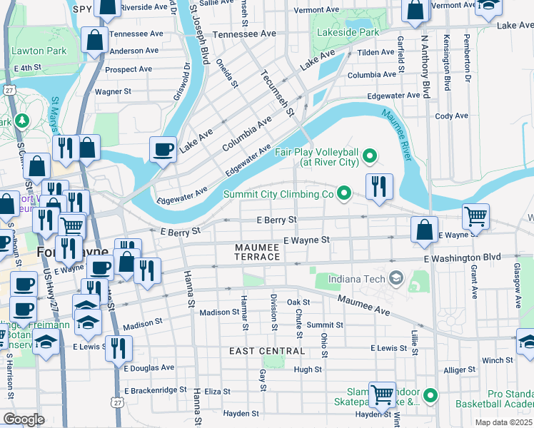 map of restaurants, bars, coffee shops, grocery stores, and more near 942 East Berry Street in Fort Wayne