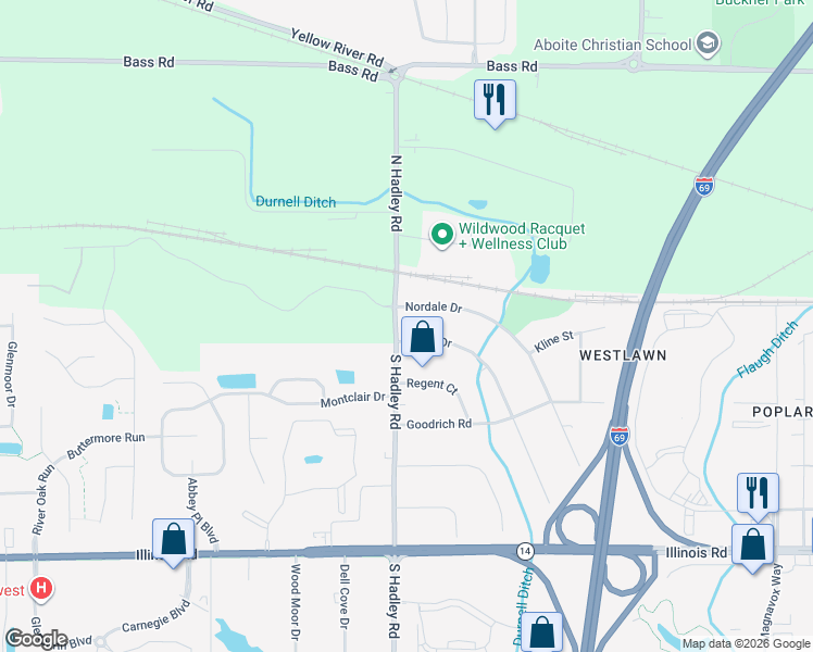 map of restaurants, bars, coffee shops, grocery stores, and more near 7033 Blake Drive in Fort Wayne