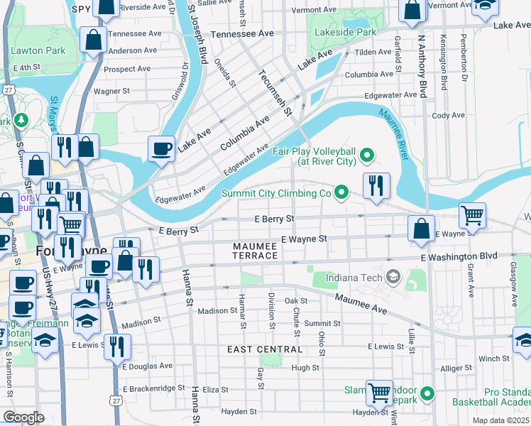 map of restaurants, bars, coffee shops, grocery stores, and more near 942 East Berry Street in Fort Wayne