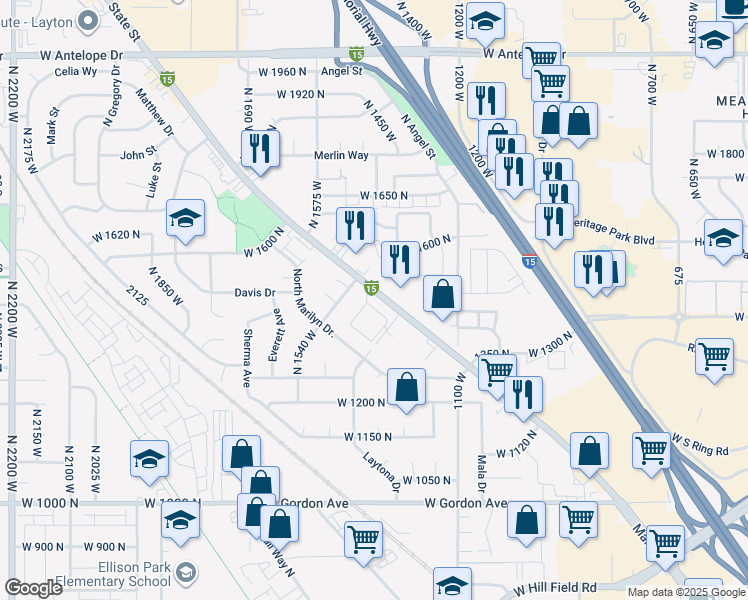 map of restaurants, bars, coffee shops, grocery stores, and more near 1475 North Main Street in Layton