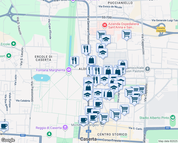 map of restaurants, bars, coffee shops, grocery stores, and more near 198 Corso Pietro Giannone in Caserta