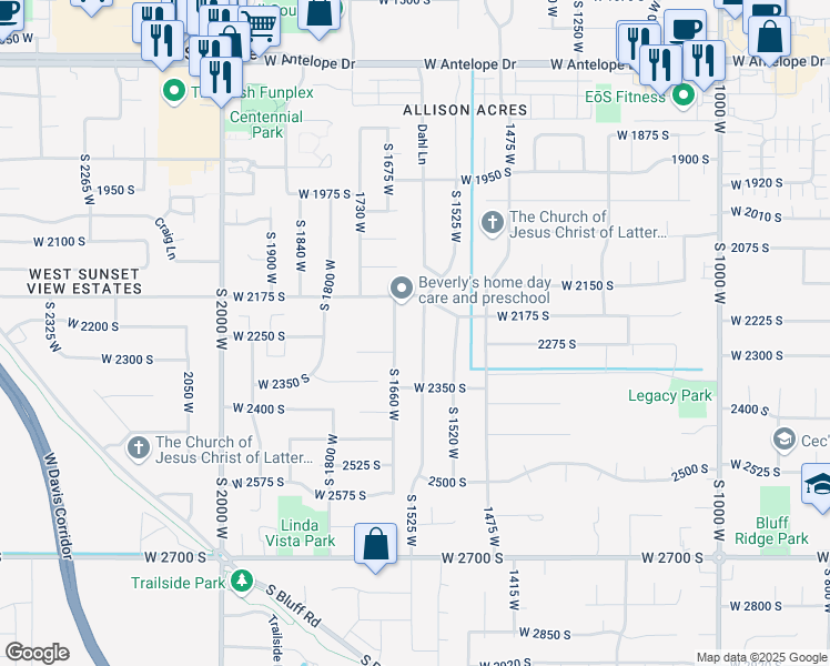 map of restaurants, bars, coffee shops, grocery stores, and more near 2240 Allison Way in Syracuse