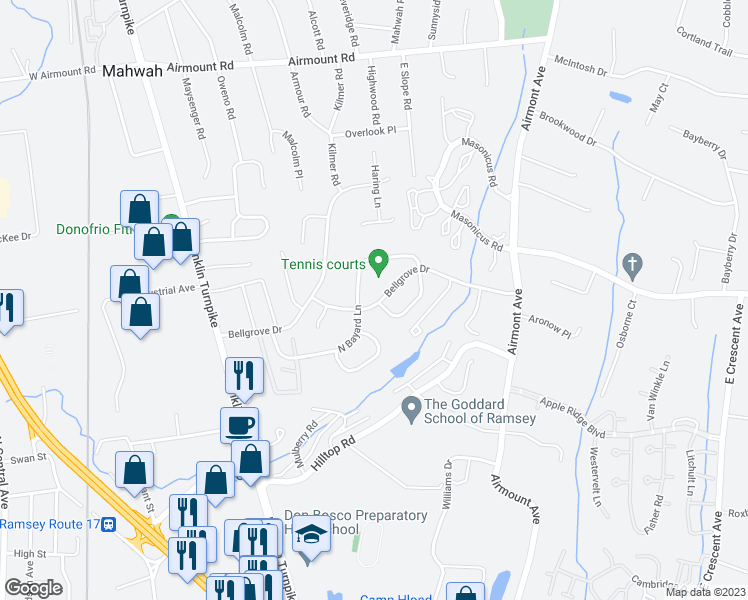 map of restaurants, bars, coffee shops, grocery stores, and more near 42 Bellgrove Drive in Mahwah