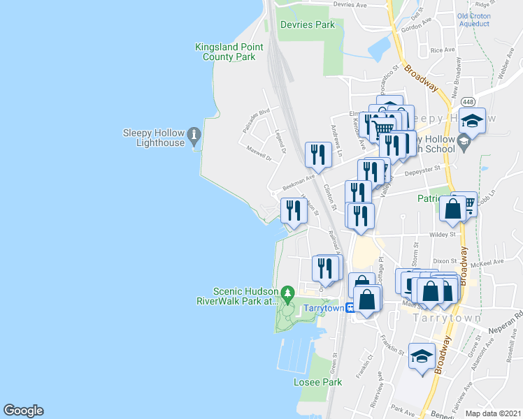 map of restaurants, bars, coffee shops, grocery stores, and more near 79 River Street in Tarrytown