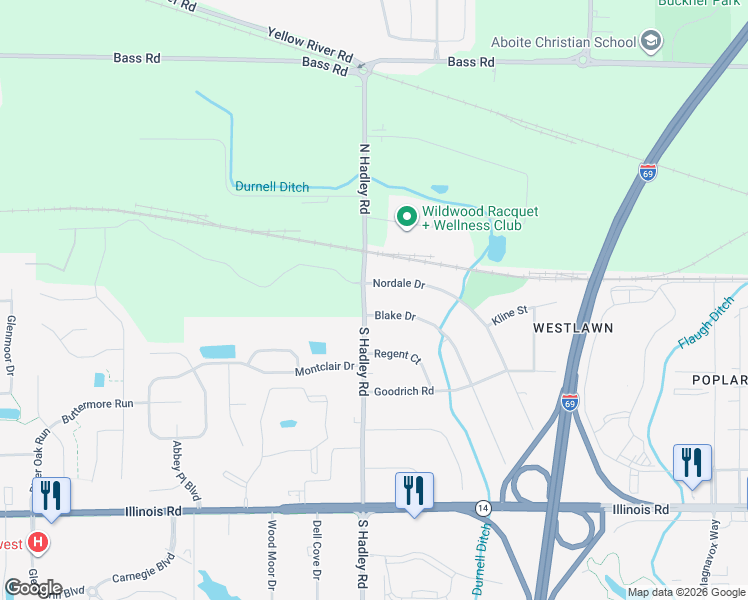 map of restaurants, bars, coffee shops, grocery stores, and more near 7033 Blake Drive in Fort Wayne