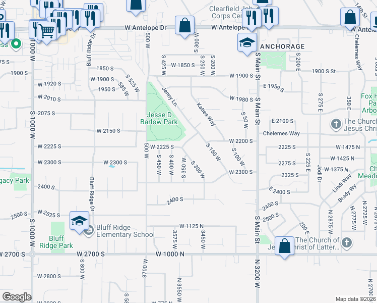 map of restaurants, bars, coffee shops, grocery stores, and more near 2236 South 300 West in Clearfield