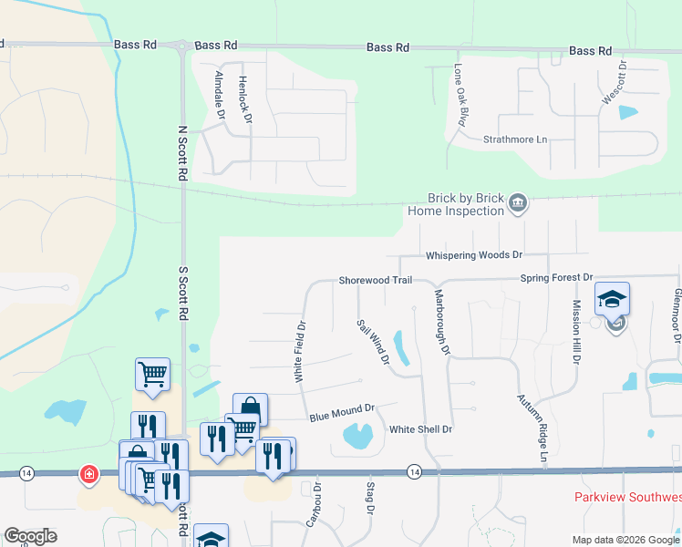 map of restaurants, bars, coffee shops, grocery stores, and more near 9624 Shorewood Trail in Fort Wayne
