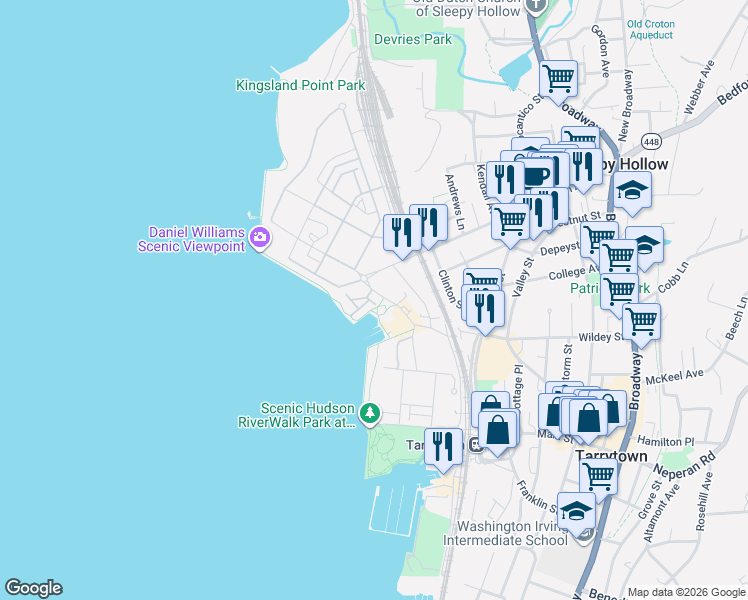map of restaurants, bars, coffee shops, grocery stores, and more near 65 River Street in Sleepy Hollow