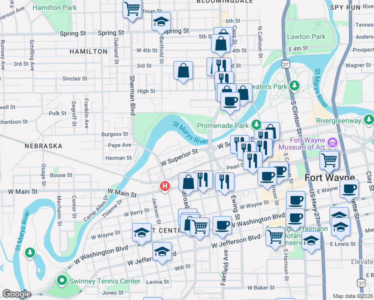 map of restaurants, bars, coffee shops, grocery stores, and more near 401 Ross Street in Fort Wayne