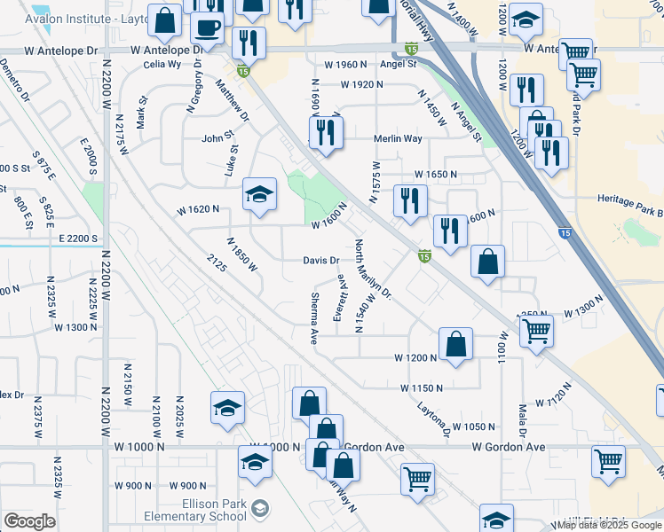 map of restaurants, bars, coffee shops, grocery stores, and more near 1603 Davis Drive in Layton