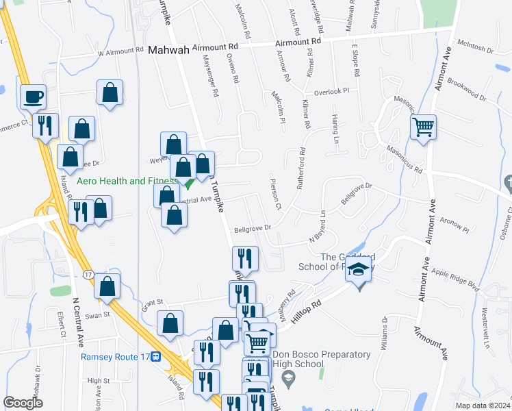 map of restaurants, bars, coffee shops, grocery stores, and more near 105 Bellgrove Drive in Mahwah