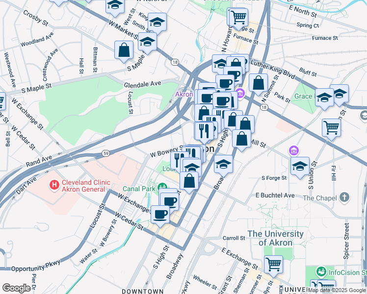 map of restaurants, bars, coffee shops, grocery stores, and more near West Bowery Street & Quaker Street in Akron