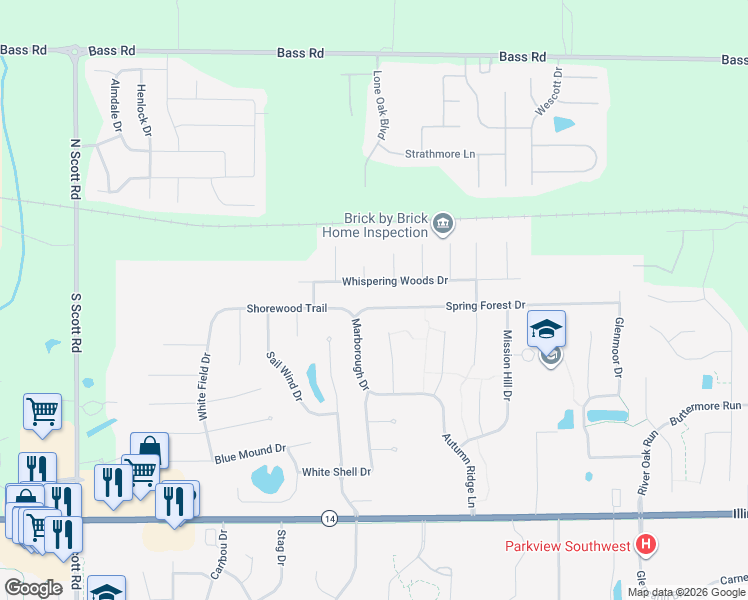 map of restaurants, bars, coffee shops, grocery stores, and more near 9100-9198 Whispering Woods Drive in Fort Wayne