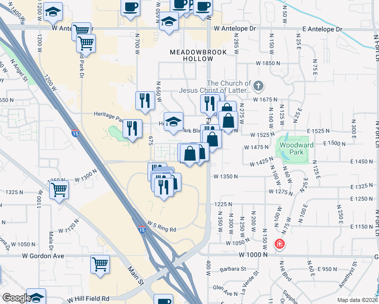 map of restaurants, bars, coffee shops, grocery stores, and more near 13 North 400 West in Clearfield