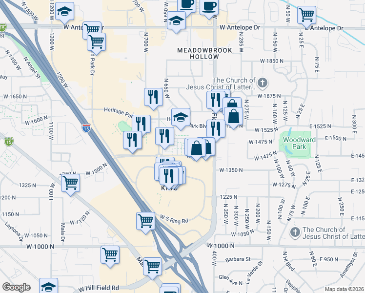 map of restaurants, bars, coffee shops, grocery stores, and more near 0 Layton Circle in Layton