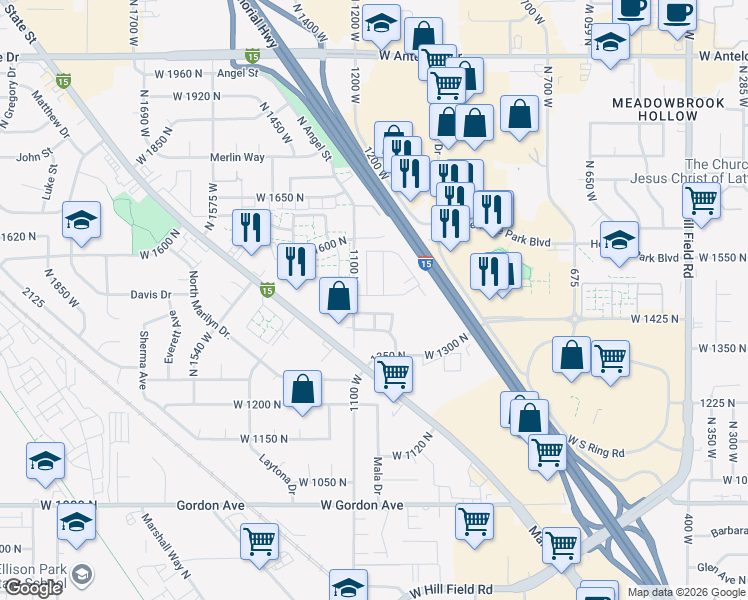 map of restaurants, bars, coffee shops, grocery stores, and more near 1500 North Angel Street in Layton