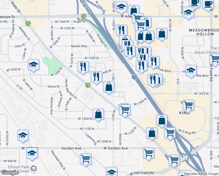 map of restaurants, bars, coffee shops, grocery stores, and more near 1505 North Angel Street in Layton