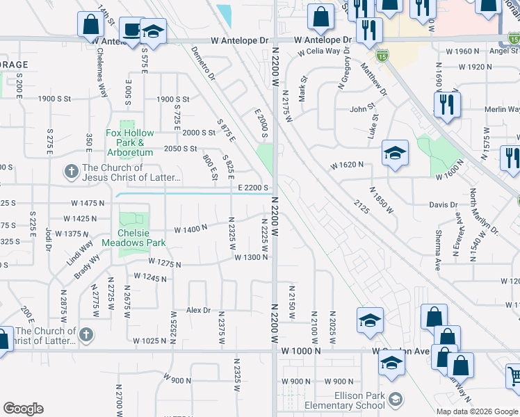 map of restaurants, bars, coffee shops, grocery stores, and more near 868 East 2200 South in Clearfield