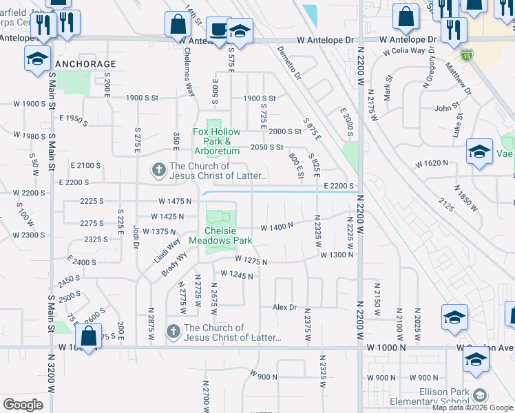 map of restaurants, bars, coffee shops, grocery stores, and more near 644 East 2200 South in Clearfield
