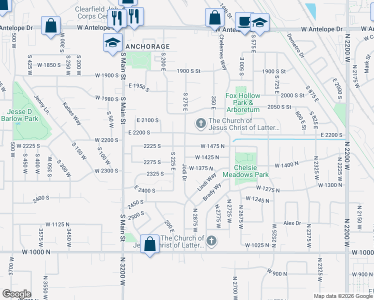 map of restaurants, bars, coffee shops, grocery stores, and more near 294 East 2200 South in Clearfield