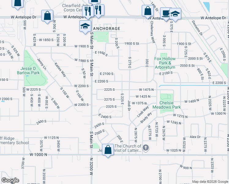 map of restaurants, bars, coffee shops, grocery stores, and more near 180 East 2200 South in Clearfield