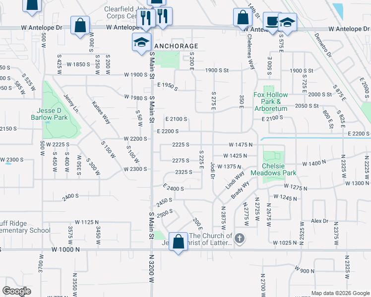 map of restaurants, bars, coffee shops, grocery stores, and more near 180 East 2200 South in Clearfield