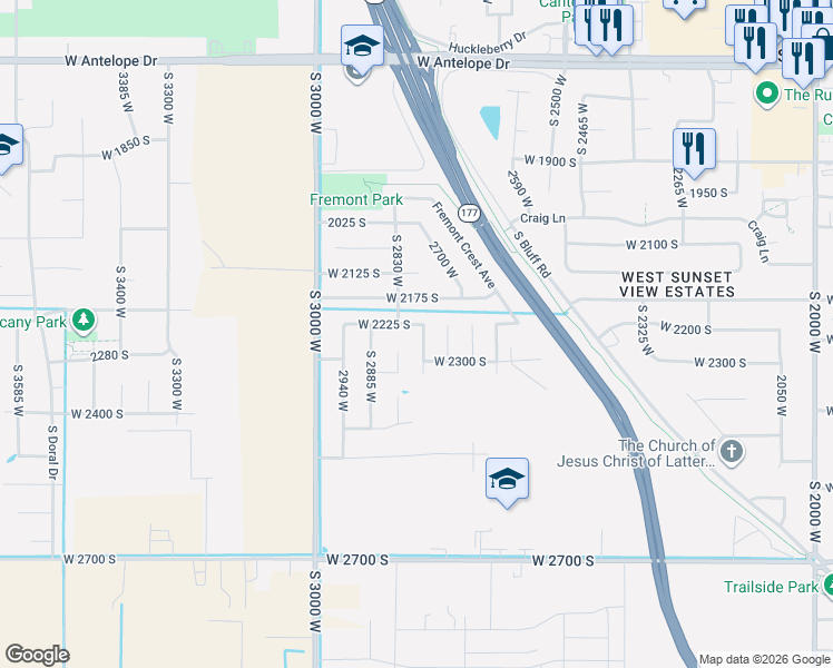 map of restaurants, bars, coffee shops, grocery stores, and more near 2801 2175 South in Syracuse