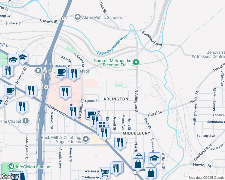 map of restaurants, bars, coffee shops, grocery stores, and more near 223 Jewett Street in Akron