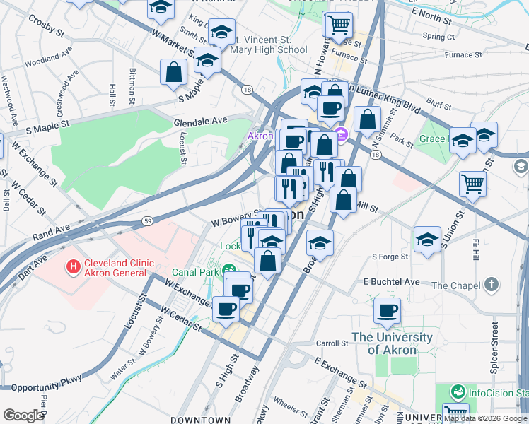 map of restaurants, bars, coffee shops, grocery stores, and more near in Akron