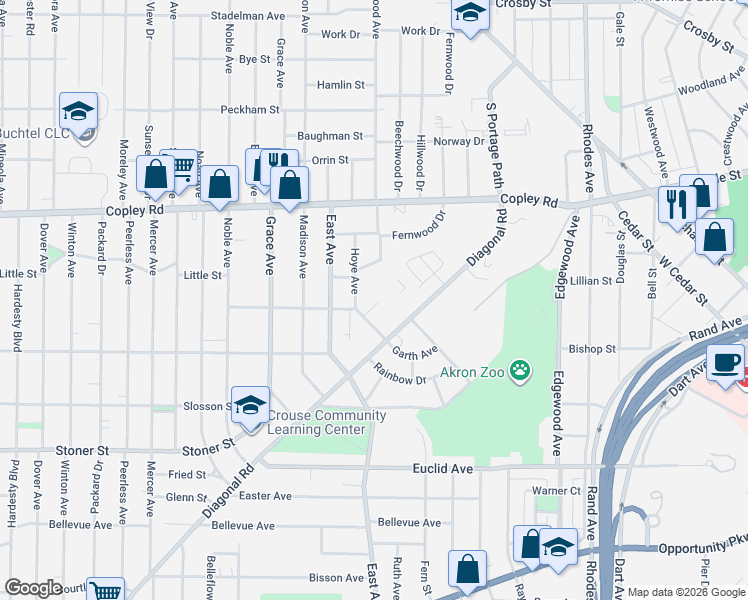 map of restaurants, bars, coffee shops, grocery stores, and more near 579 Wildwood Avenue in Akron