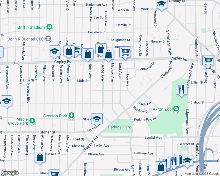 map of restaurants, bars, coffee shops, grocery stores, and more near 587 Madison Avenue in Akron