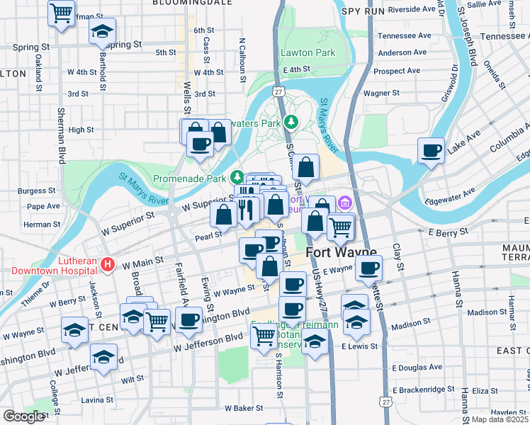 map of restaurants, bars, coffee shops, grocery stores, and more near 100 West Superior Street in Fort Wayne