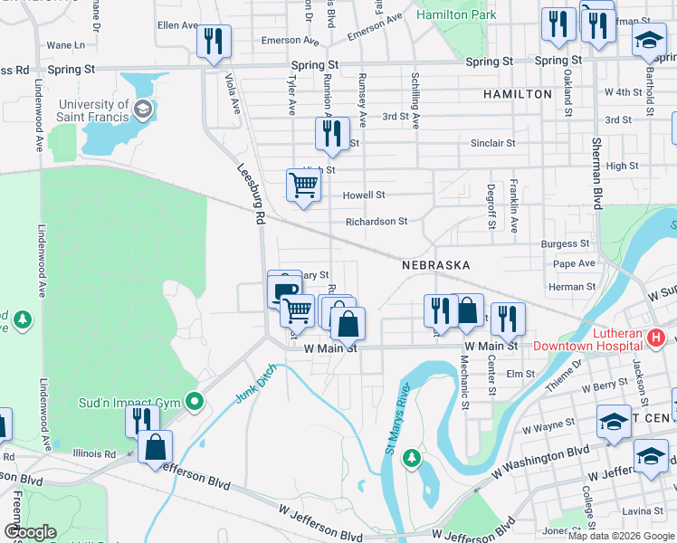 map of restaurants, bars, coffee shops, grocery stores, and more near 1733 Wheeler Street in Fort Wayne